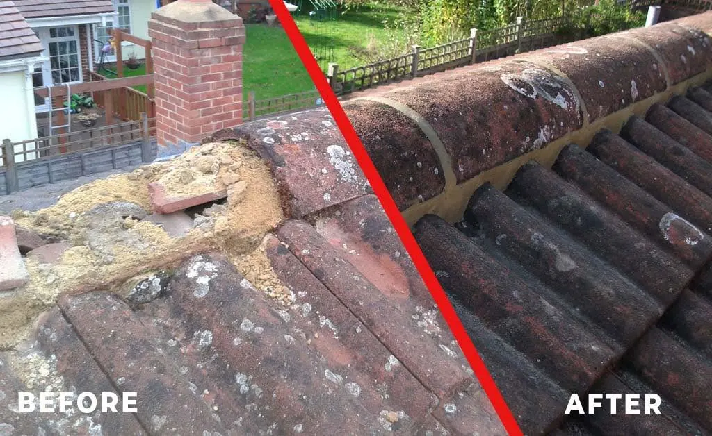 Ridge tiles before and after repointing