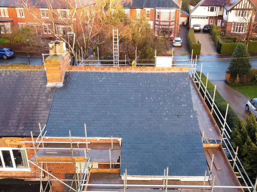 Flat roof job from above with scaffolding