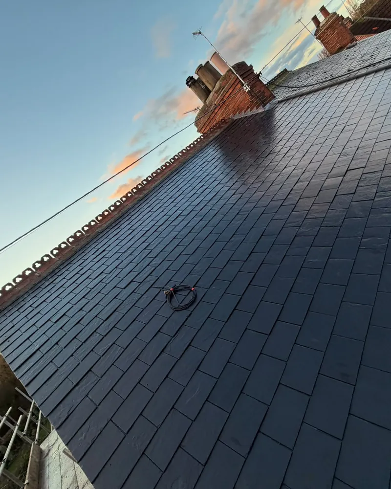 New slate roof at sunset
